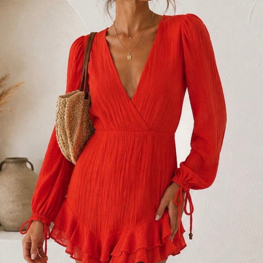 Saints + Secrets Falling For You Ruffled Mini Dress Red Orange Small NWT